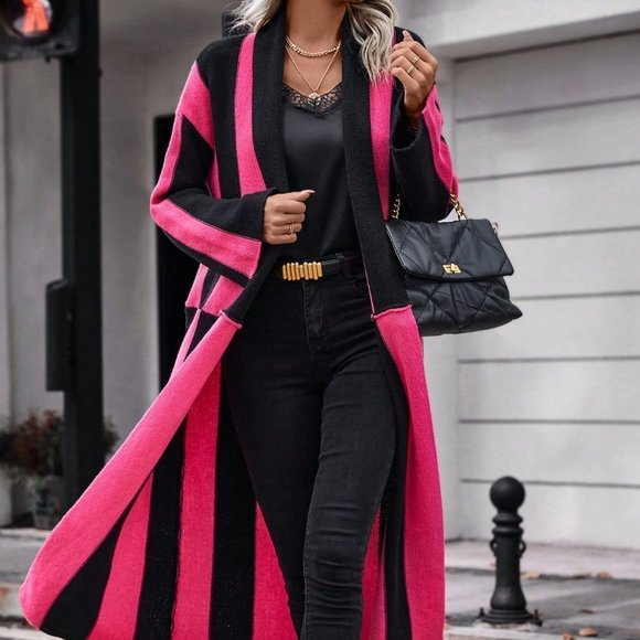 . Sweaters - Pink & Black Preppy Womens Two Tone Open Front Longline Cardigan